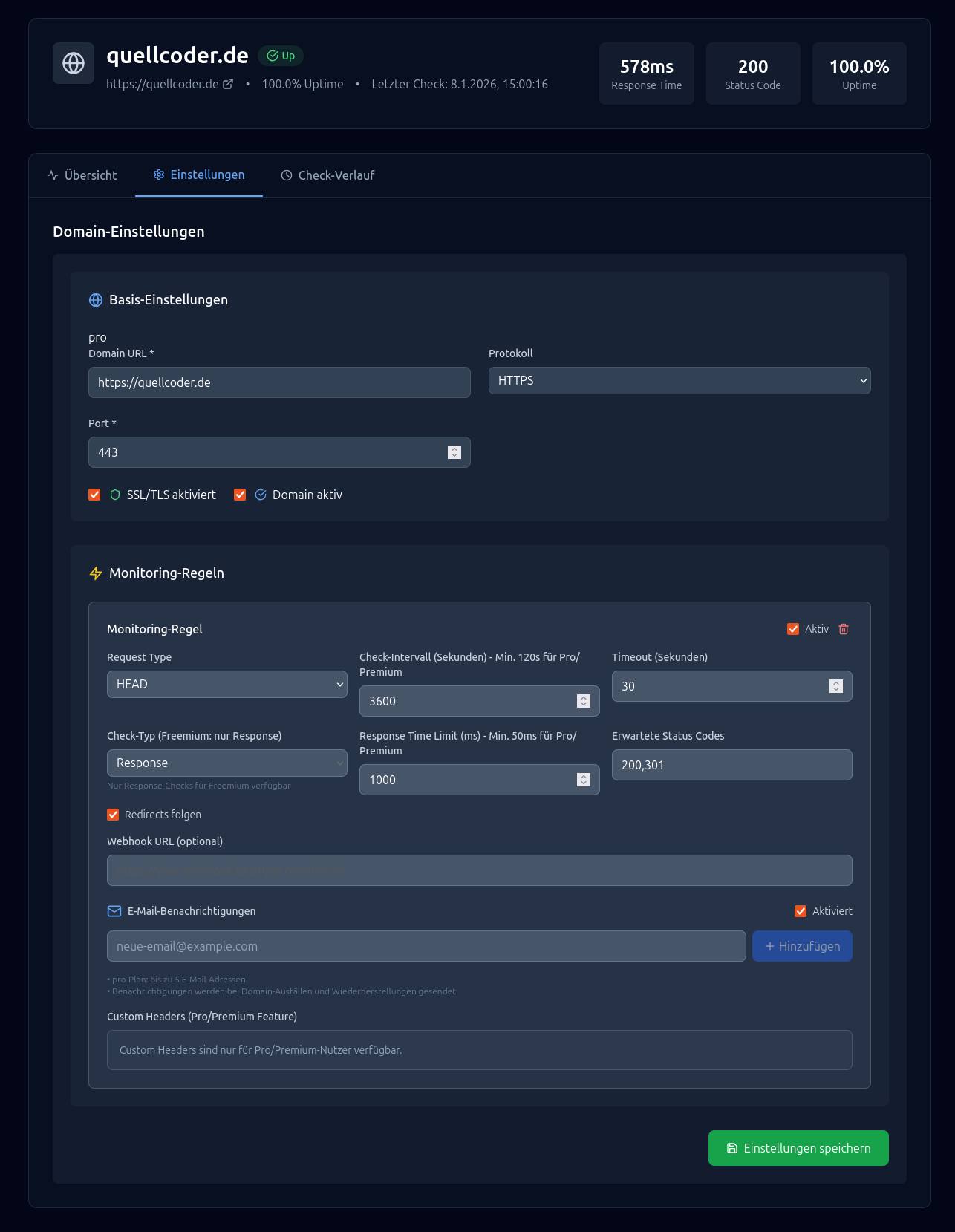 Domain-Einstellungen zum Request, Protokoll, Port, Header, Response Time Schwellenwert usw.