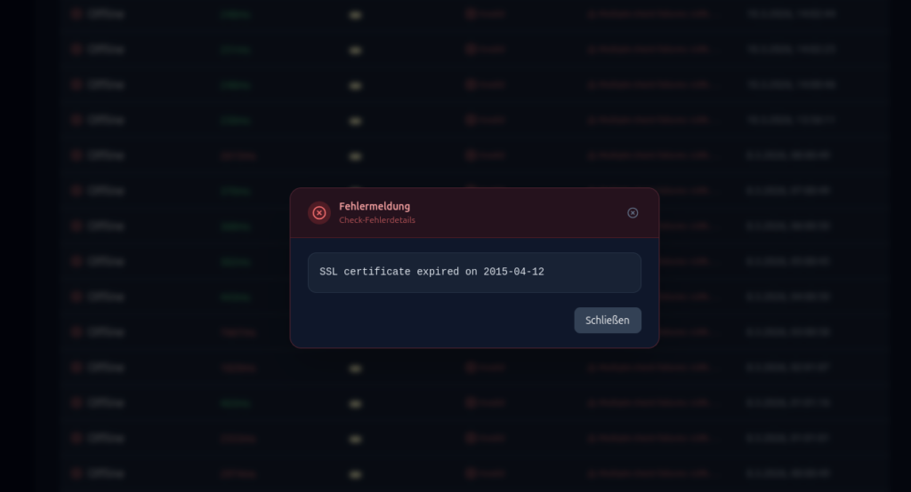 Modal-Popup im Check-Verlauf mit vollständiger Fehlermeldung: „SSL certificate expired on 2015-04-12"