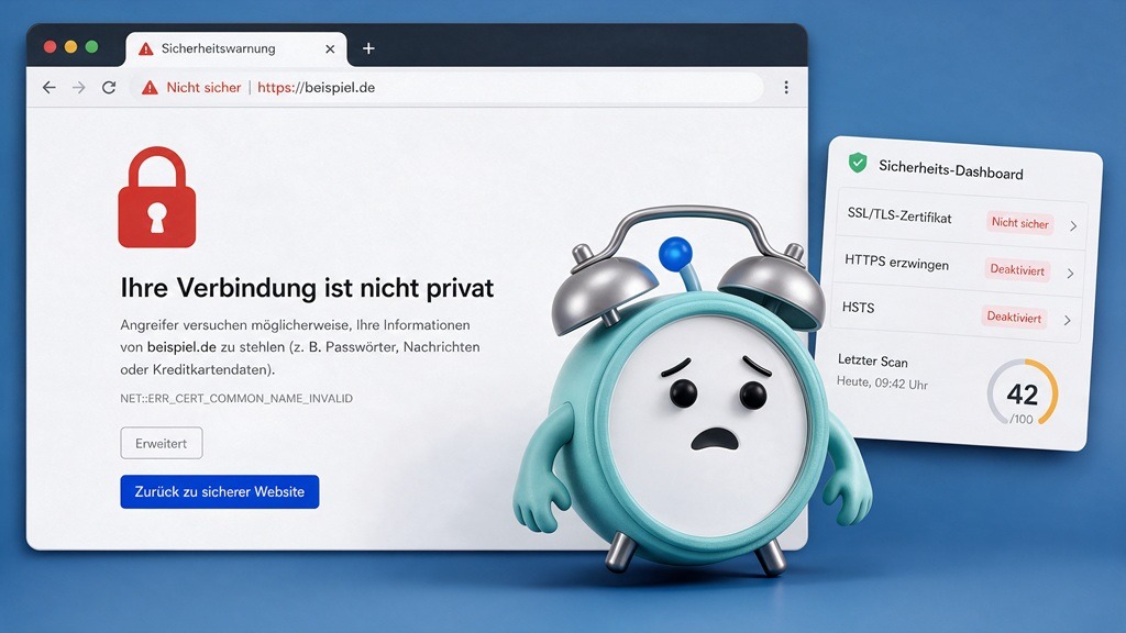 Abgelaufenes Sicherheitszertifikat: Browser-Warnung und Pingoclock-Dashboard mit SSL-Warnung