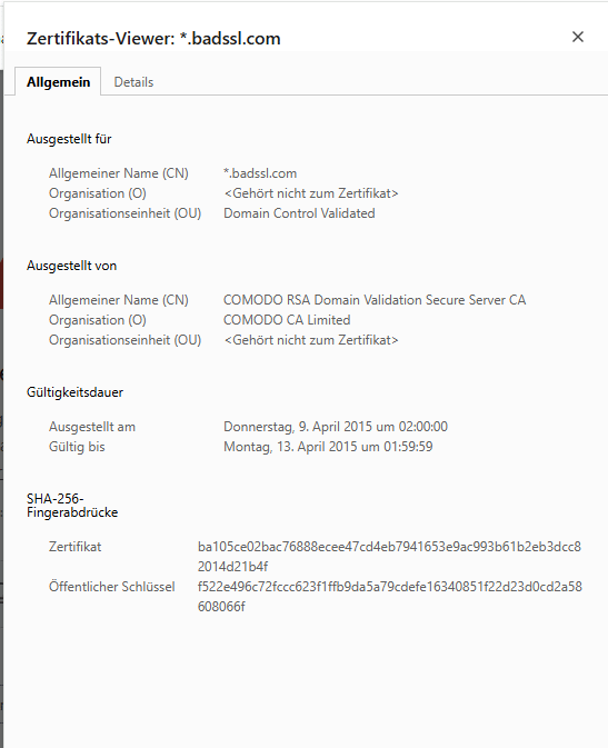 Zertifikatsdetails im Browser mit Ablaufdatum des SSL-Zertifikats