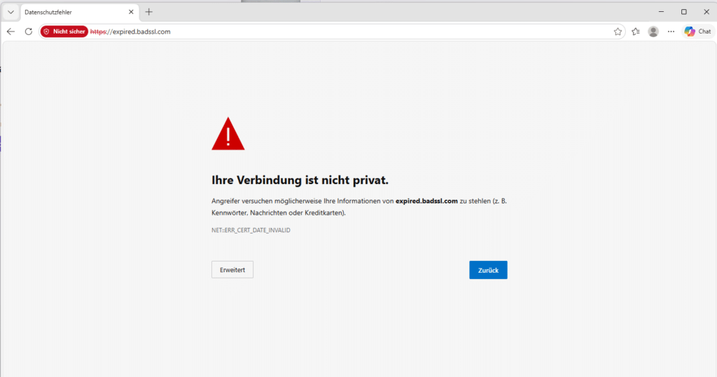 Chrome-Fehlerseite „Ihre Verbindung ist nicht privat" bei abgelaufenem Sicherheitszertifikat