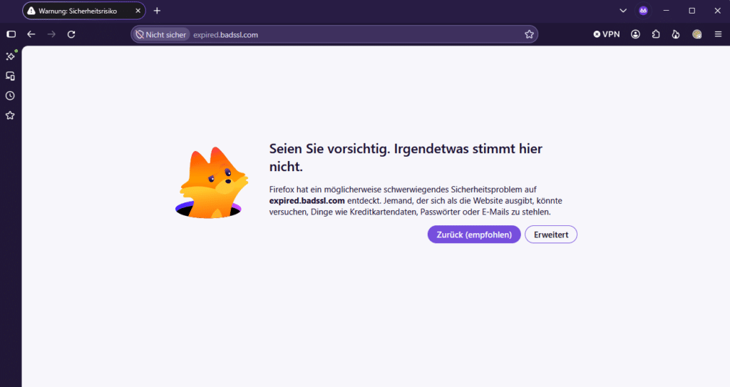 Chrome-Fehlerseite „Ihre Verbindung ist nicht privat" bei abgelaufenem Sicherheitszertifikat