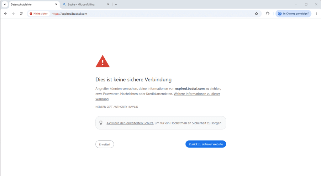 Chrome-Fehlerseite „Ihre Verbindung ist nicht privat" bei abgelaufenem Sicherheitszertifikat